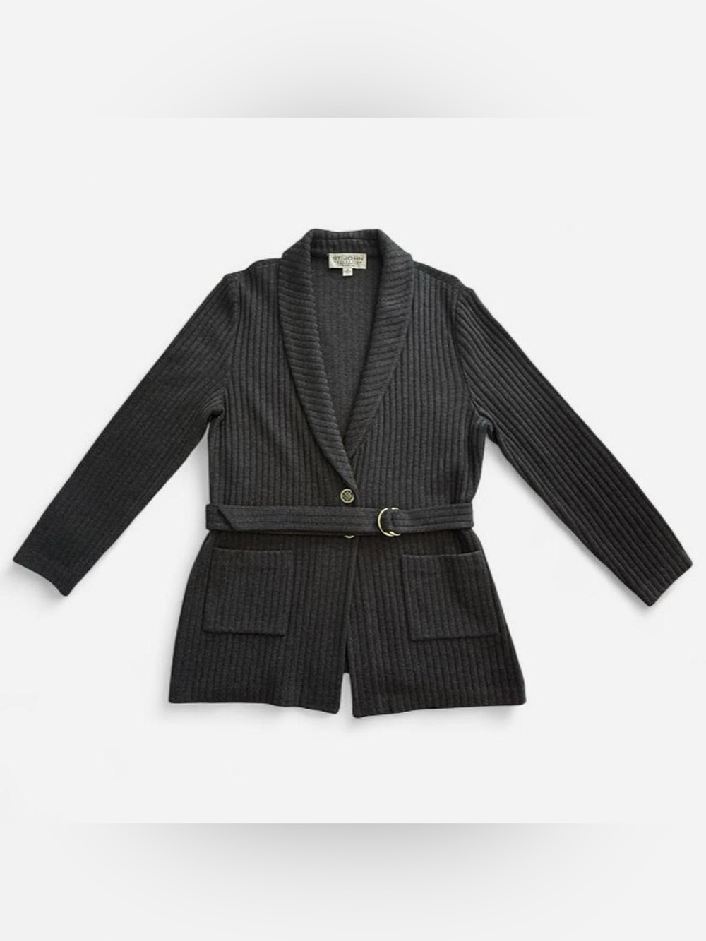 Vintage St. John Collection Fall 2002 Belted Knit Cardigan Blazer in Charcoal